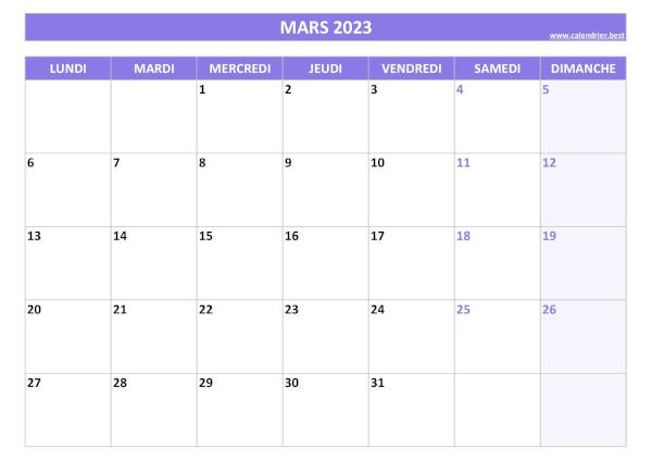 Calendrier mars 2023 à imprimer.