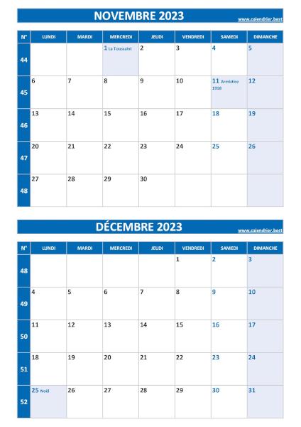 Calendrier novembre et décembre, portrait, bleu.