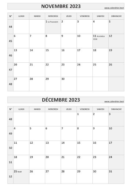 Calendrier novembre et décembre, portrait, gris.