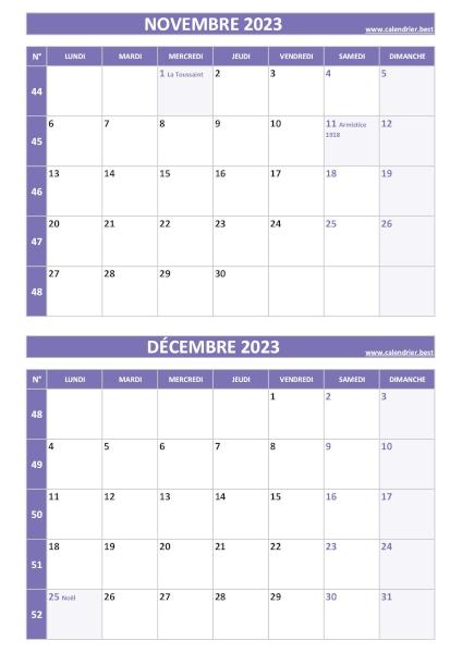 Calendrier novembre et décembre, portrait, violet.