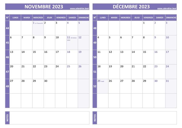 Calendrier novembre et décembre.