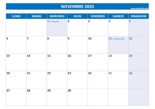 Calendrier Novembre 2023 à imprimer avec jours fériés.