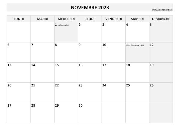 Calendrier du mois de novembre 2023 avec jours fériés à imprimer.