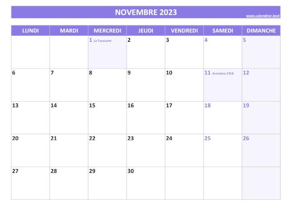 Calendrier Novembre 2023 à imprimer avec jours fériés.