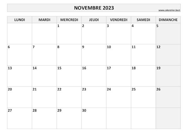 Calendrier Novembre 2023 à imprimer.