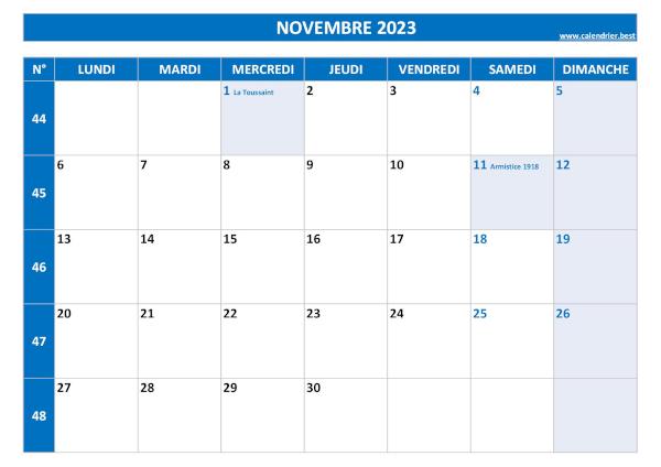 Calendrier novembre 2023 avec numéros de semaine et jours fériés.