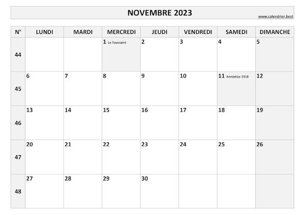 Calendrier novembre 2023 avec numéros de semaine et jours fériés.