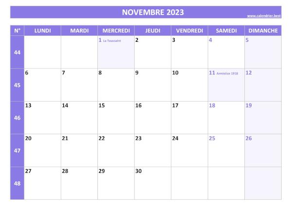 Calendrier Novembre 2023 avec semaines.