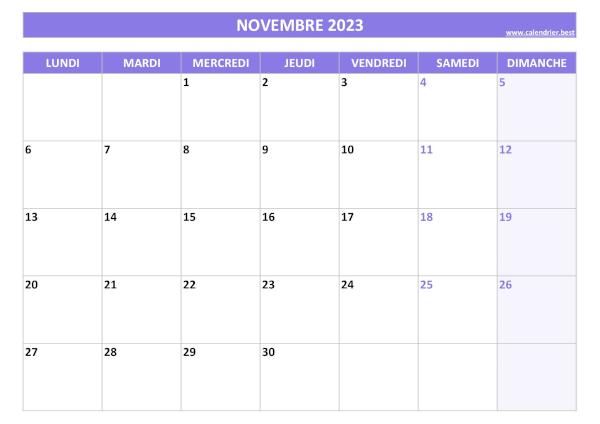 Calendrier Novembre 2023 à imprimer.