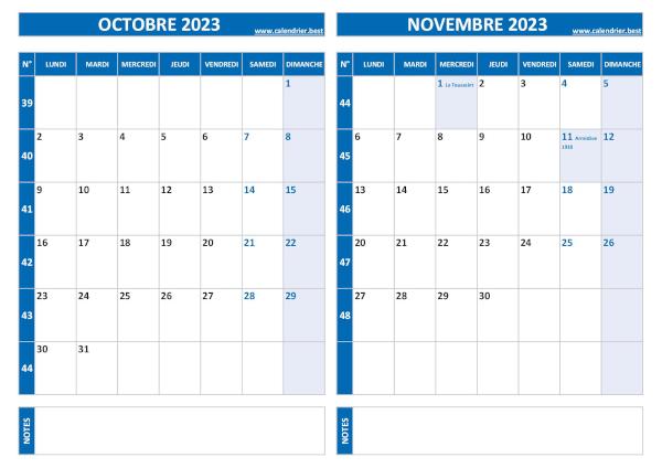 Calendrier octobre novembre 2023.