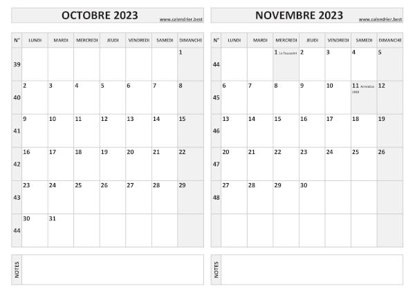 Calendrier octobre novembre 2023.
