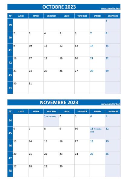 Calendrier octobre novembre 2023, portrait, bleu.