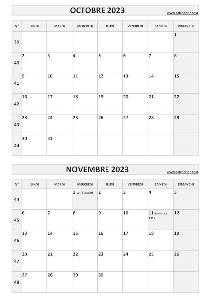 Calendrier octobre novembre 2023, portrait, gris.