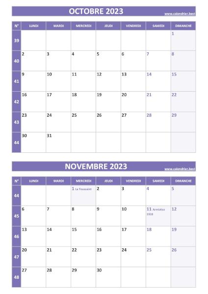 Calendrier octobre novembre 2023, portrait, violet.