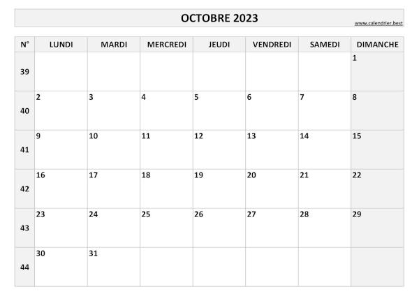 Calendrier octobre 2023 avec numéros de semaine et jours fériés.
