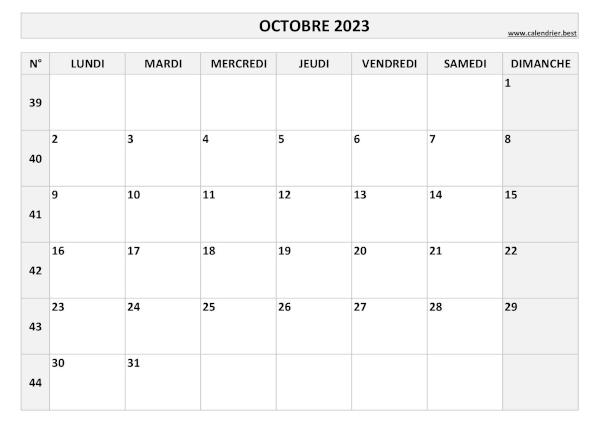 Calendrier Octobre 2023 avec semaines.