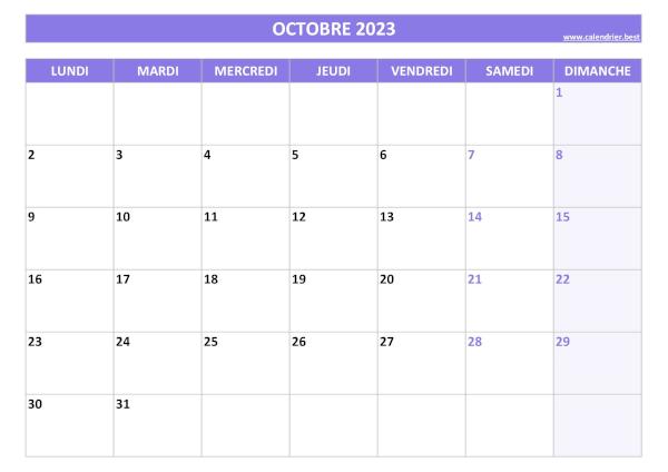 Calendrier Octobre 2023 à imprimer.