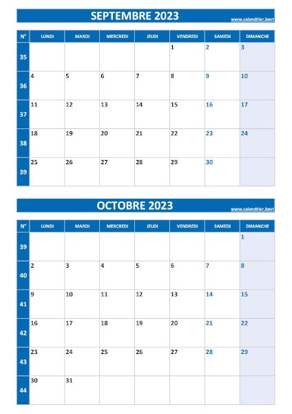 Calendrier septembre octobre 2023, portrait, bleu.