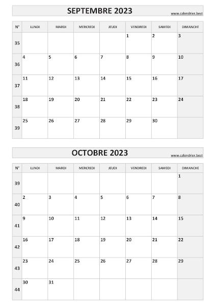 Calendrier septembre octobre 2023, portrait, gris.