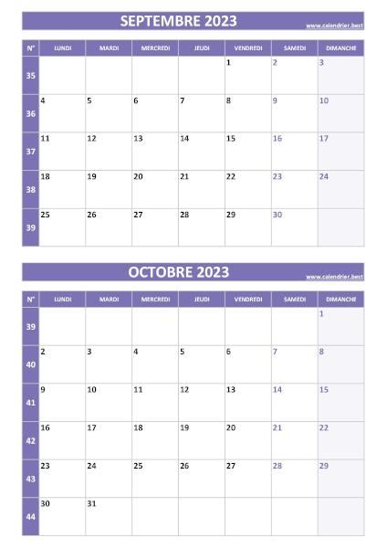 Calendrier septembre octobre 2023, portrait, violet.