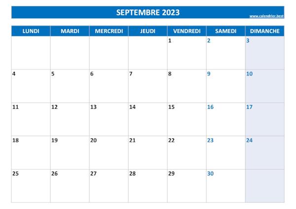 Calendrier Septembre 2023 à imprimer.