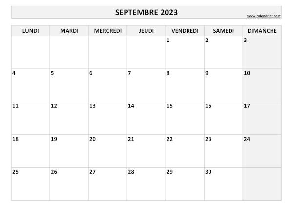Calendrier du mois de septembre 2023 à imprimer.