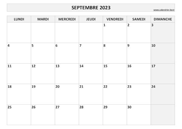 Calendrier Septembre 2023 à imprimer.