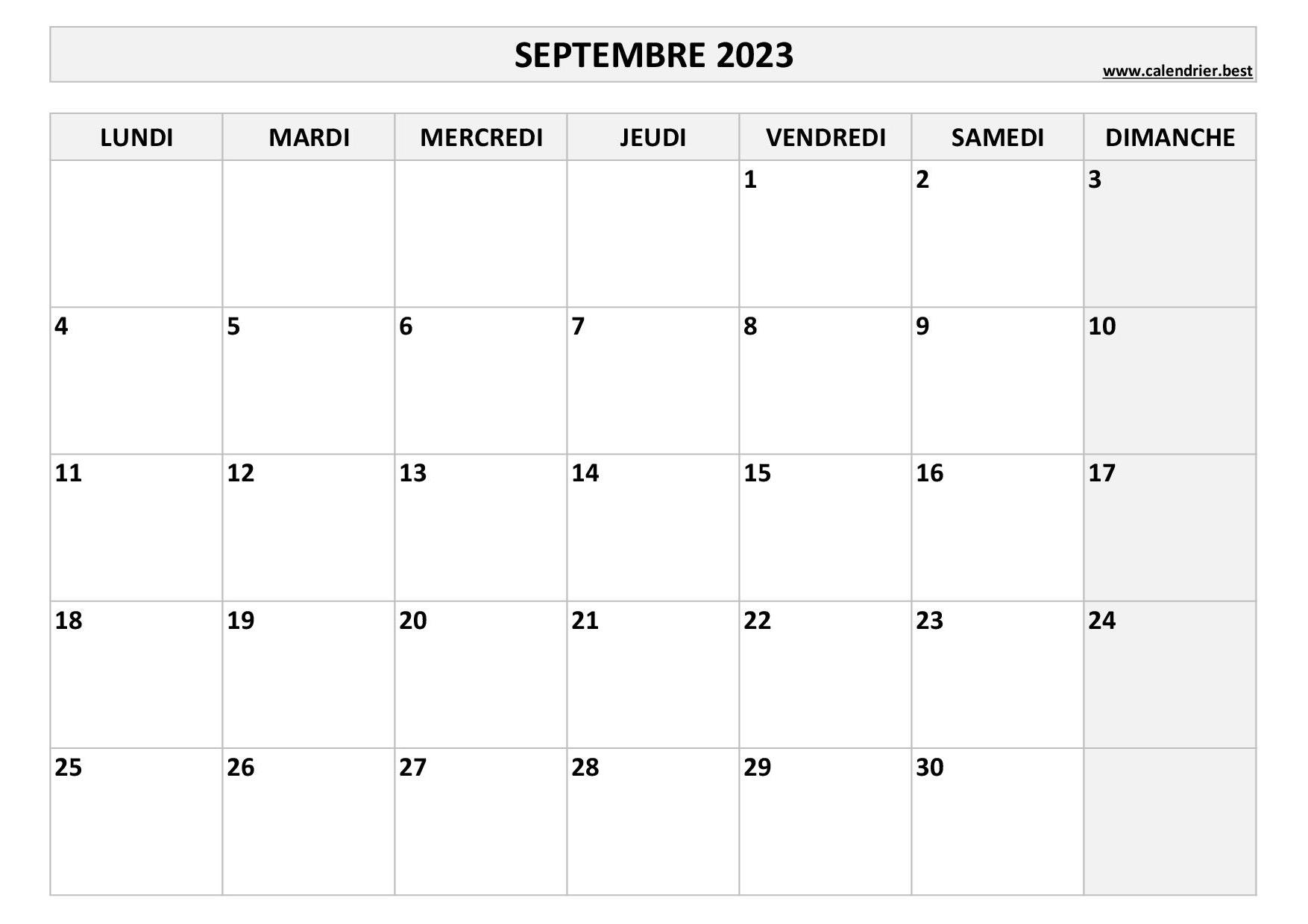 Calendrier Septembre 2023 à consulter ou imprimer 