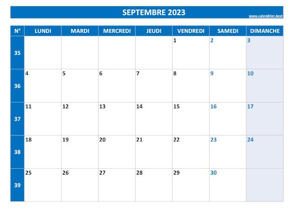 Calendrier septembre 2023 avec semaines.