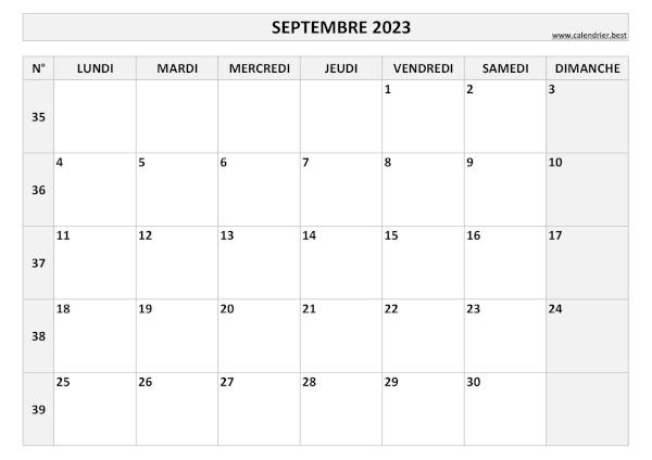 Calendrier du mois de septembre 2023 avec semaines à imprimer.