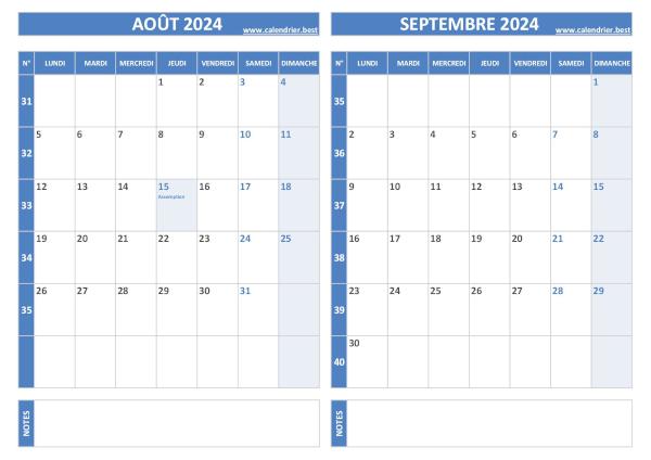 Calendrier août et septembre 2024 à imprimer 