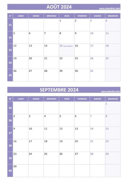 Calendrier août septembre 2024, portrait, violet.