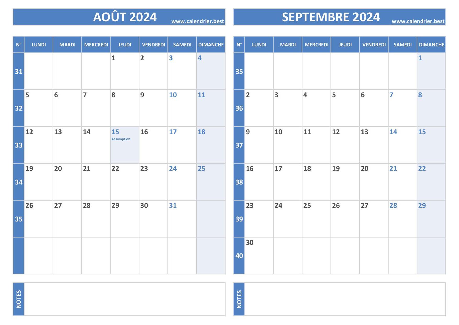 Calendrier août et septembre 2024 à imprimer 