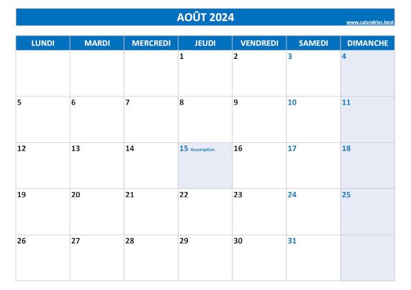 Calendrier Août 2024 à imprimer avec jours fériés.