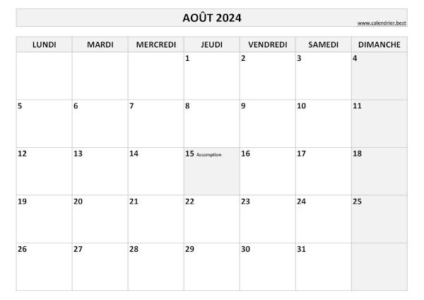 Calendrier Août 2024 à imprimer avec jours fériés.