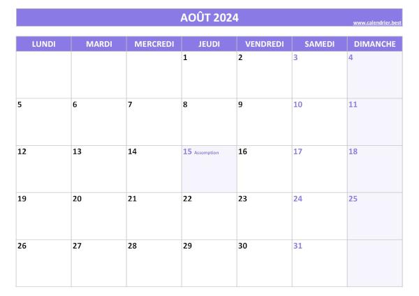 Calendrier du mois d'Août 2024 avec jours fériés à imprimer.