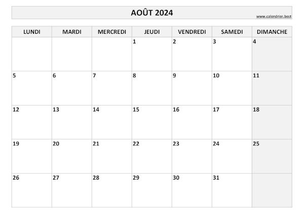 Calendrier mensuel vierge à imprimer, mois d'Août 2024, thème noir et blanc. Calendrier Août 2024 à imprimer.