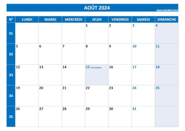 Calendrier août 2024 avec numéros de semaine et jours fériés.