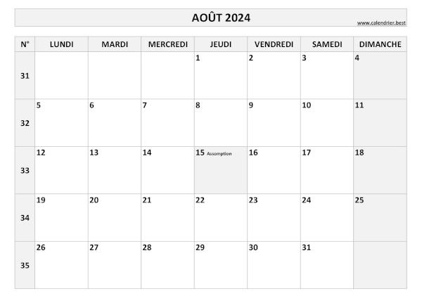 Calendrier Août 2024 avec semaines.