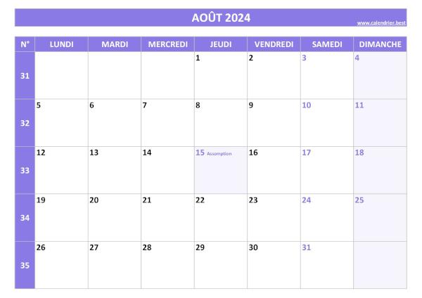 Calendrier du mois d'Août 2024 avec semaines à imprimer.