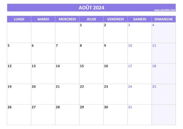 Calendrier du mois d'Août 2024 à imprimer.