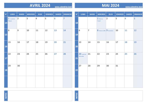 Calendrier avril mai 2024.