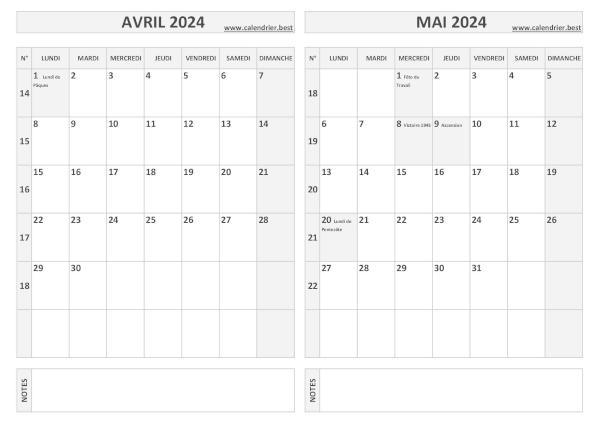 Calendrier avril mai 2024.