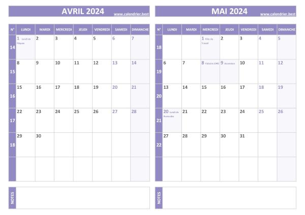 Calendrier avril mai 2024.