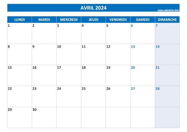 Calendrier du mois d'avril 2024 à imprimer.