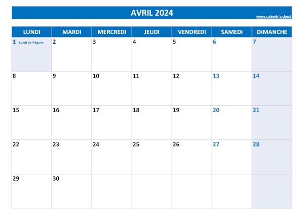 Calendrier Avril 2024 à imprimer avec jours fériés.