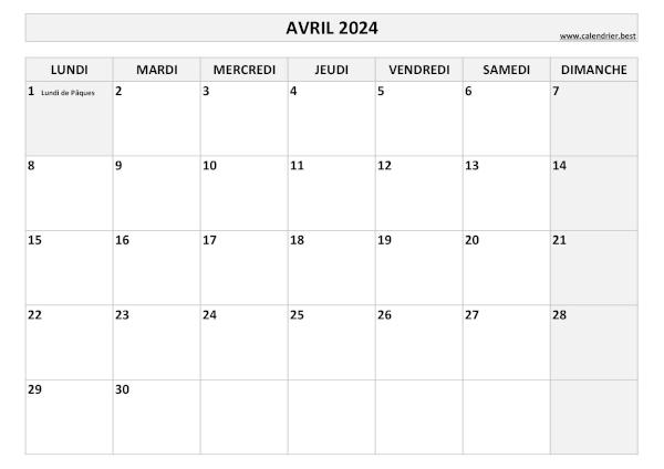 Calendrier Avril 2024 à imprimer avec jours fériés.