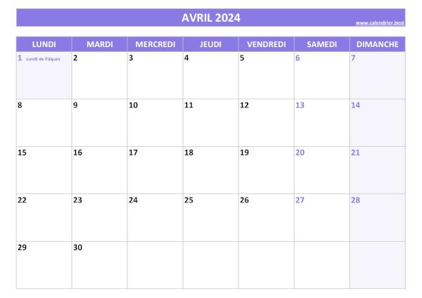 Calendrier du mois d'avril 2024 avec jours fériés à imprimer.