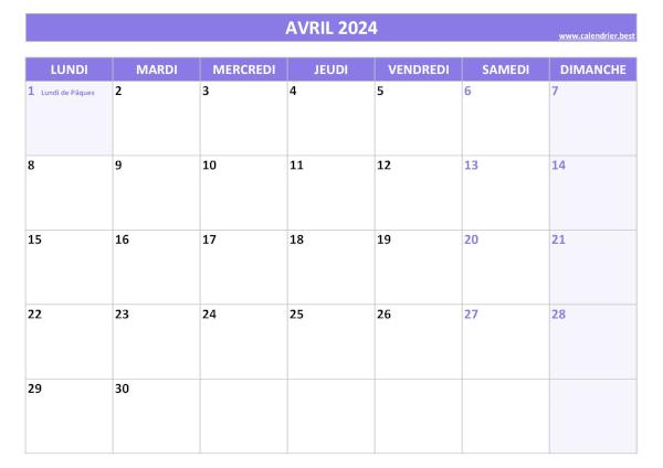 Calendrier Avril 2024 à imprimer avec jours fériés.