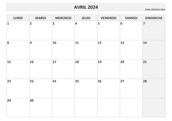 Calendrier Avril 2024 à imprimer.